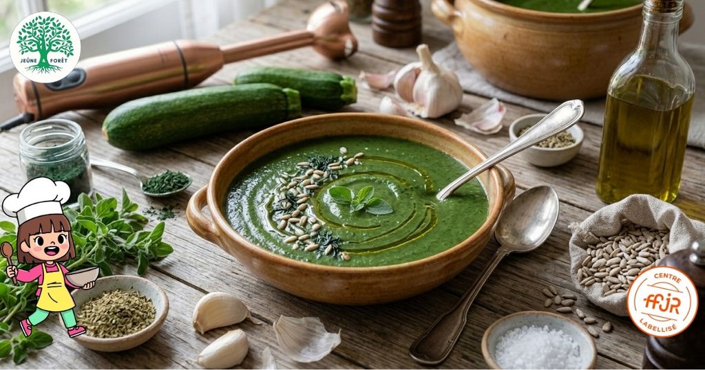 Velouté de courgettes origan-spiruline - Jeûne & Forêt - Randonnée bien être Santé Énergie